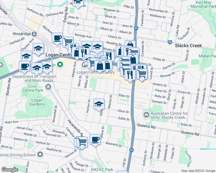 map of restaurants, bars, coffee shops, grocery stores, and more near 9 Merron Street in Logan Central