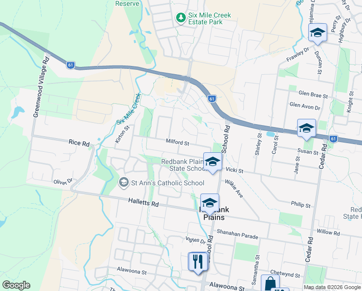 map of restaurants, bars, coffee shops, grocery stores, and more near 30 Milford Street in Redbank Plains