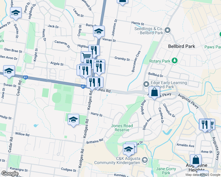 map of restaurants, bars, coffee shops, grocery stores, and more near 22 Jones Road in Bellbird Park