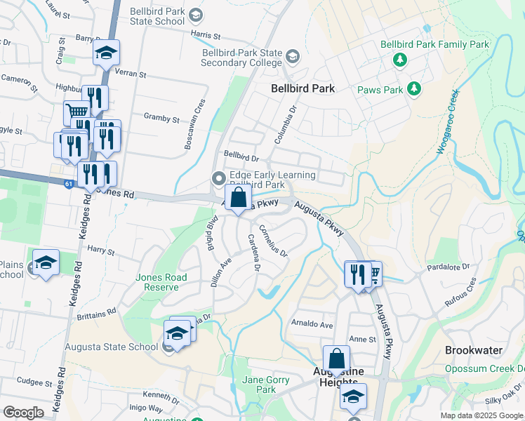 map of restaurants, bars, coffee shops, grocery stores, and more near 11 Cardena Drive in Augustine Heights