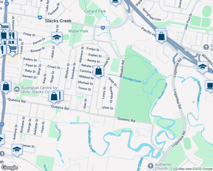 map of restaurants, bars, coffee shops, grocery stores, and more near 35 Lowry Street in Slacks Creek