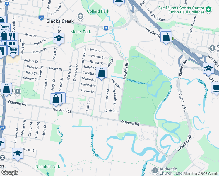 map of restaurants, bars, coffee shops, grocery stores, and more near 35 Lowry Street in Slacks Creek