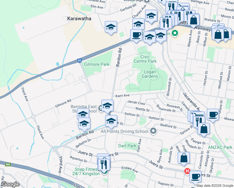map of restaurants, bars, coffee shops, grocery stores, and more near 67 Karri Avenue in Logan Central