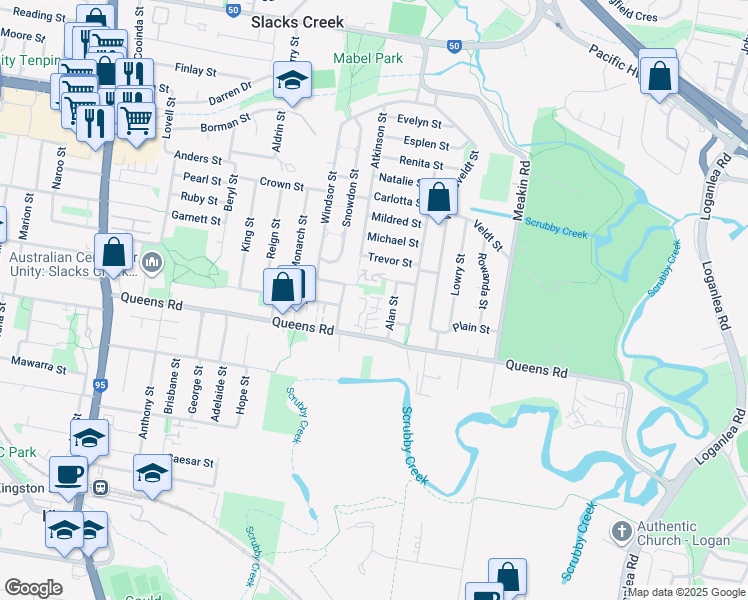 map of restaurants, bars, coffee shops, grocery stores, and more near 120 Queens Road in Slacks Creek
