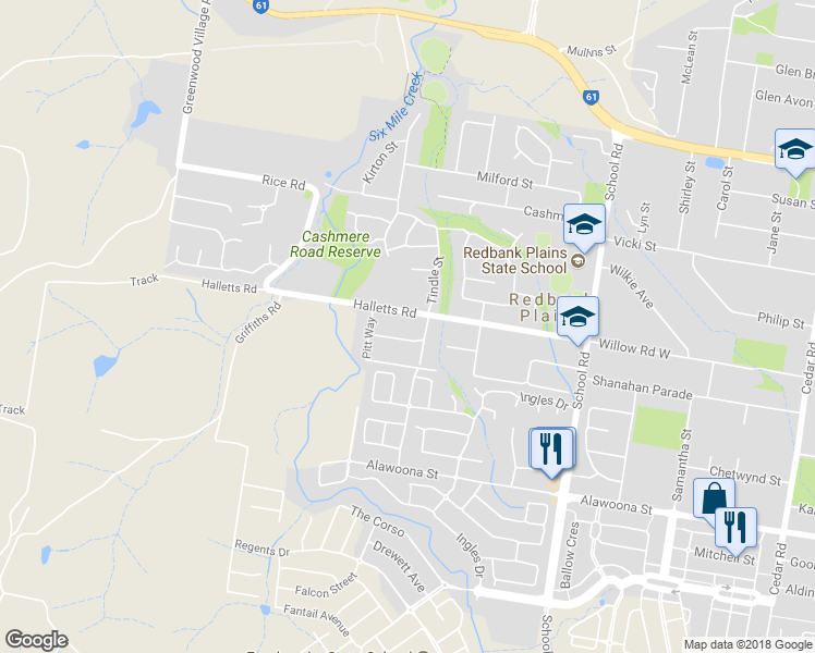 map of restaurants, bars, coffee shops, grocery stores, and more near 66 Halletts Road in Redbank Plains