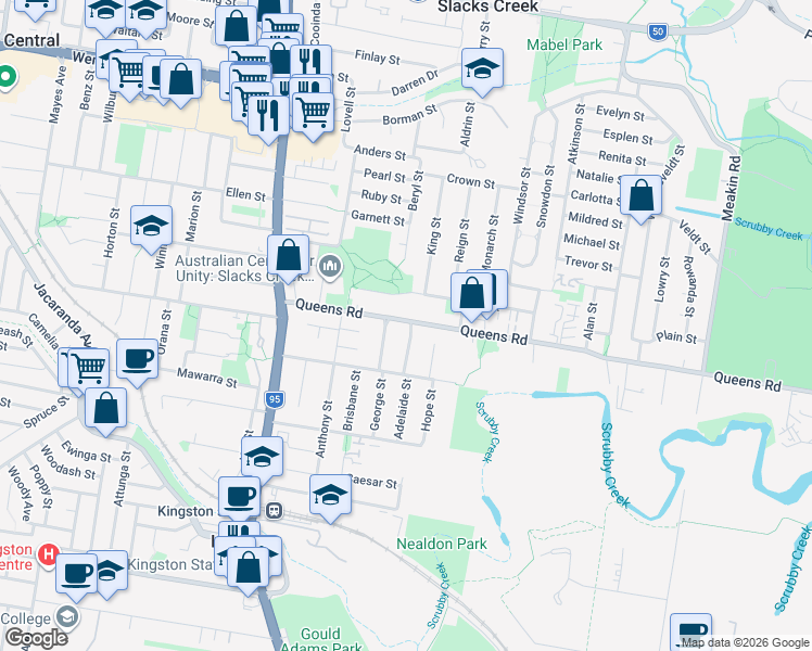 map of restaurants, bars, coffee shops, grocery stores, and more near 37 Queens Road in Kingston
