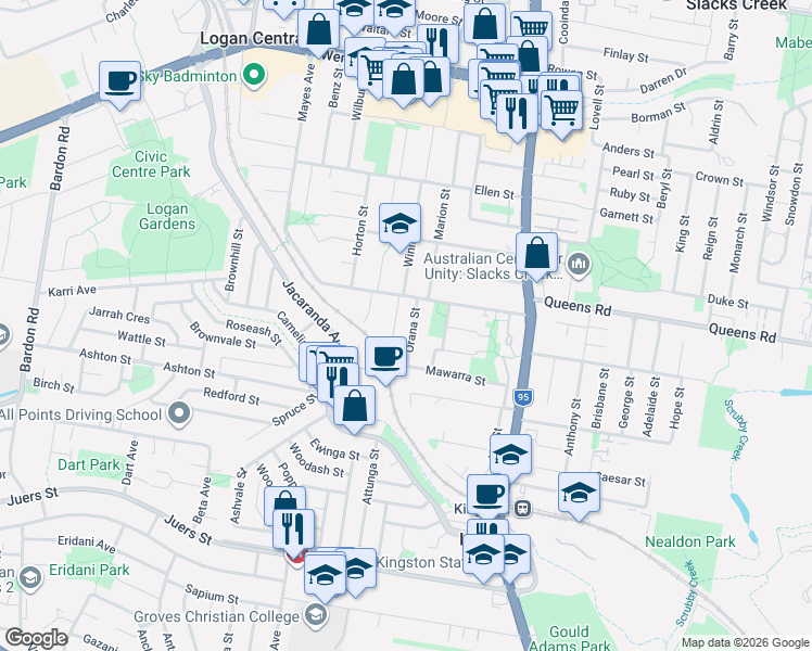 map of restaurants, bars, coffee shops, grocery stores, and more near 9 Orana Street in Kingston