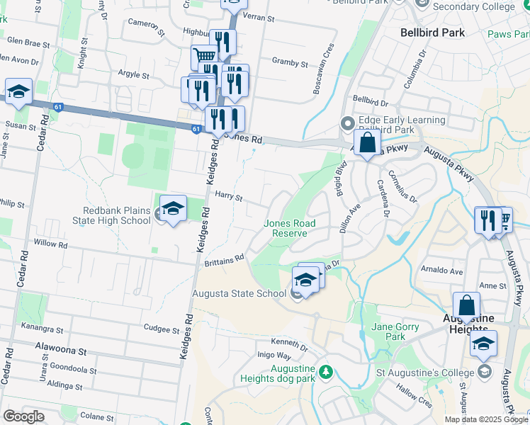 map of restaurants, bars, coffee shops, grocery stores, and more near 29 Harry Street in Bellbird Park