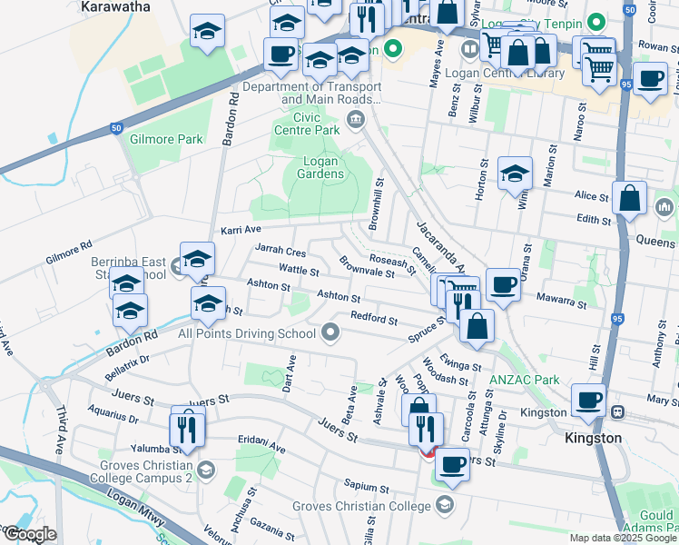 map of restaurants, bars, coffee shops, grocery stores, and more near 3 Wattle Street in Logan Central