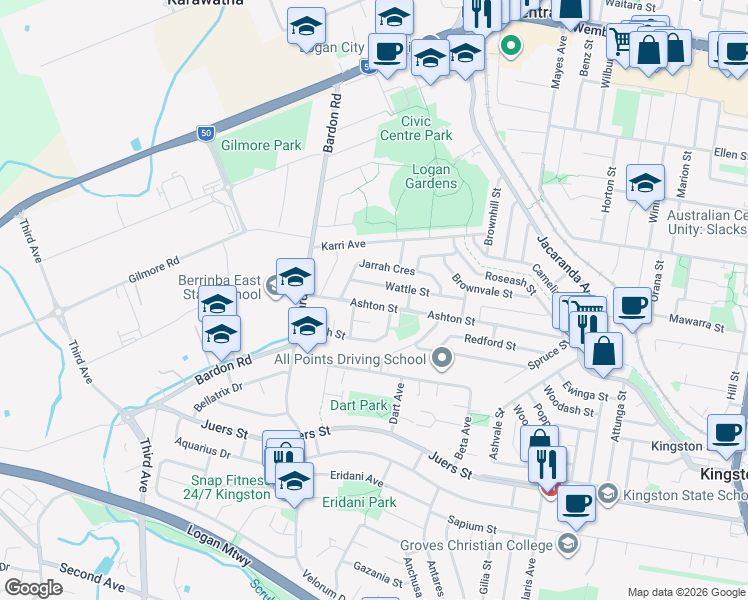 map of restaurants, bars, coffee shops, grocery stores, and more near 77 Ashton Street in Logan Central