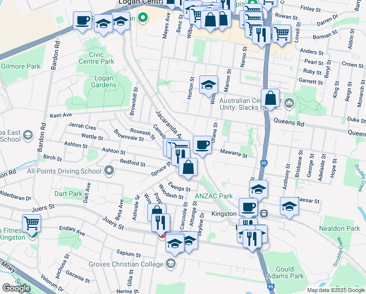 map of restaurants, bars, coffee shops, grocery stores, and more near 150 Jacaranda Avenue in Logan Central