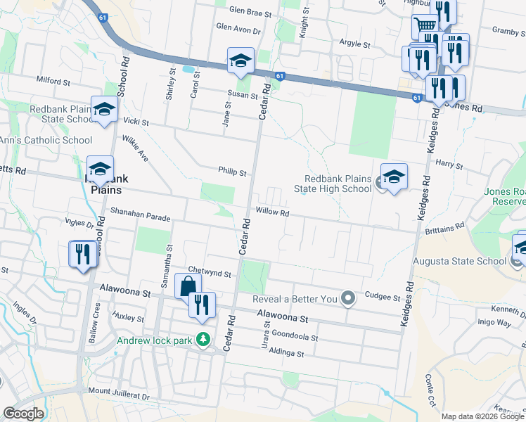 map of restaurants, bars, coffee shops, grocery stores, and more near 4 Willow Road in Redbank Plains