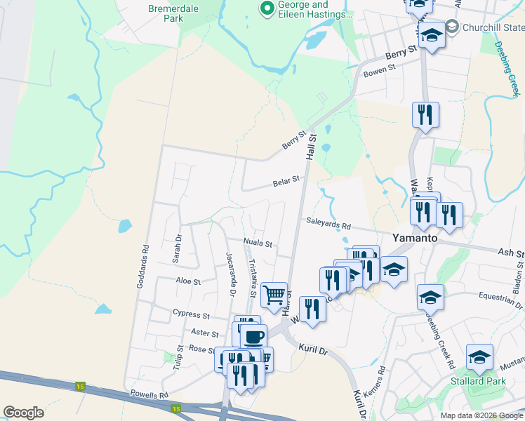 map of restaurants, bars, coffee shops, grocery stores, and more near LOT 3 Samuel Court in Yamanto