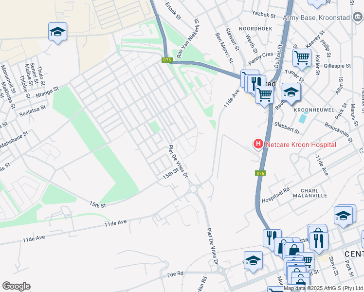 map of restaurants, bars, coffee shops, grocery stores, and more near 2 20th Way in Kroonstad