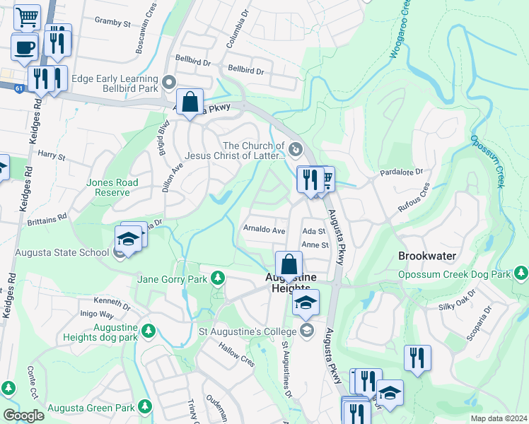 map of restaurants, bars, coffee shops, grocery stores, and more near 21 Francisca Drive in Augustine Heights