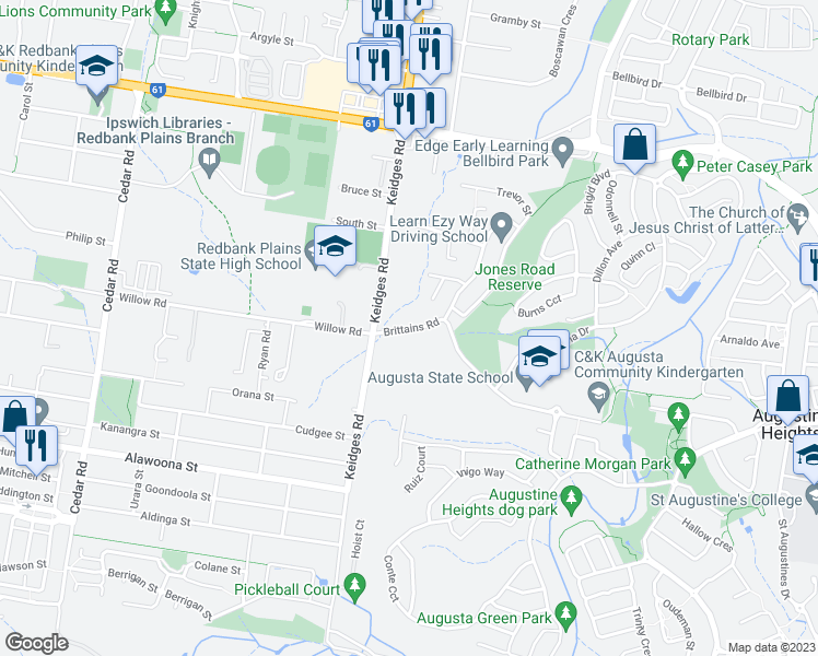 map of restaurants, bars, coffee shops, grocery stores, and more near Brittains Road in Bellbird Park