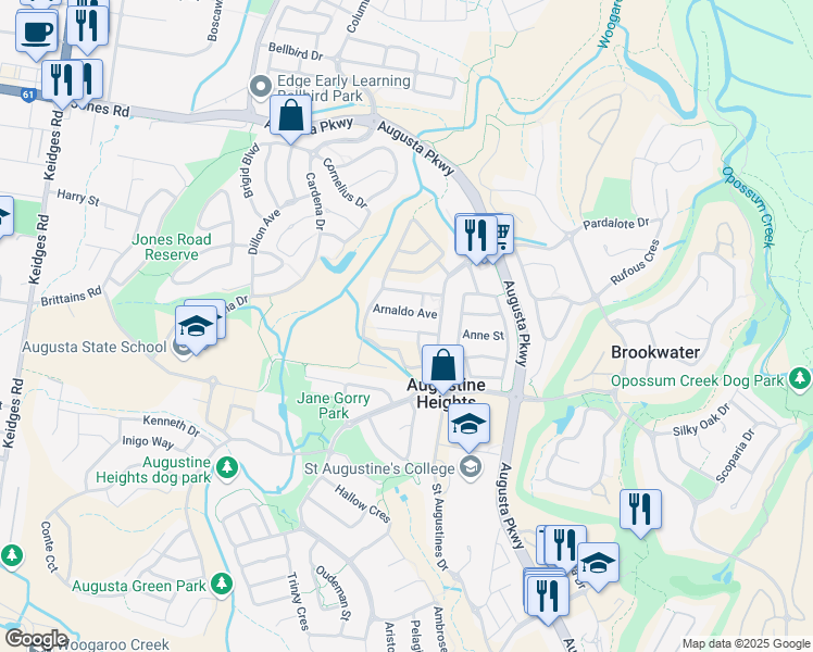 map of restaurants, bars, coffee shops, grocery stores, and more near 21 Isidore Street in Augustine Heights