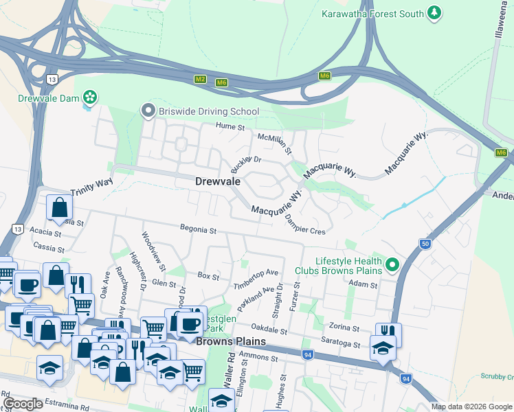 map of restaurants, bars, coffee shops, grocery stores, and more near 165 Macquarie Way in Drewvale