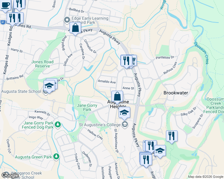 map of restaurants, bars, coffee shops, grocery stores, and more near 4 Dominic Street in Augustine Heights