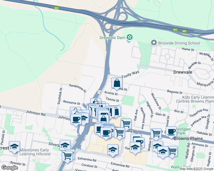 map of restaurants, bars, coffee shops, grocery stores, and more near 3248 Mount Lindesay Highway in Browns Plains