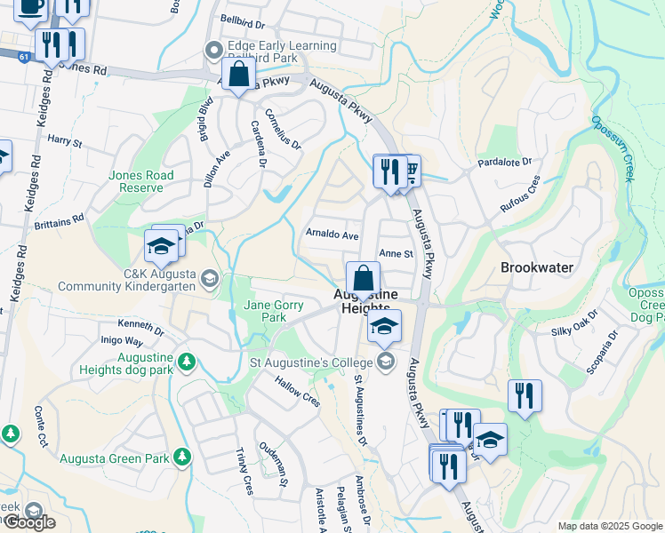 map of restaurants, bars, coffee shops, grocery stores, and more near 78 Francisca Drive in Augustine Heights