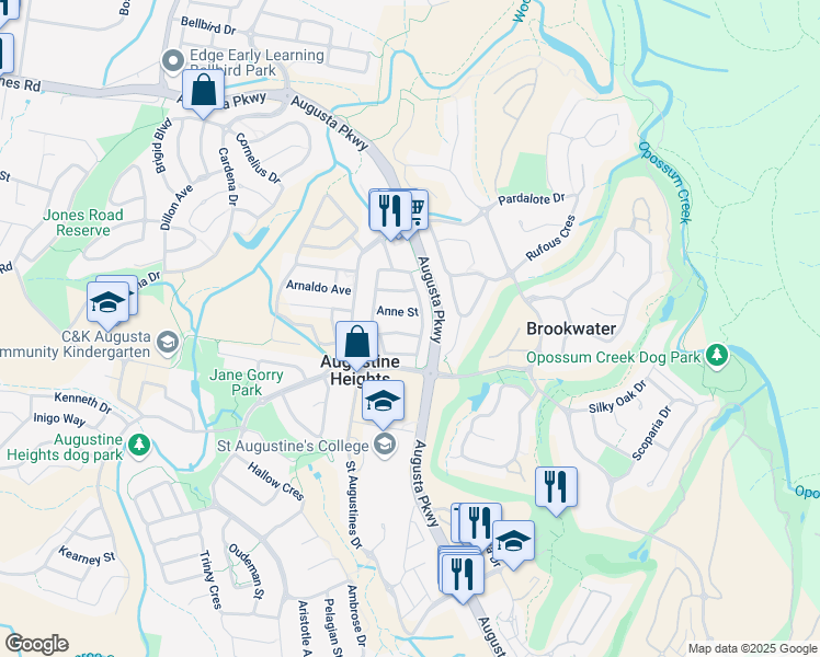 map of restaurants, bars, coffee shops, grocery stores, and more near 39 Valentine Circuit in Augustine Heights