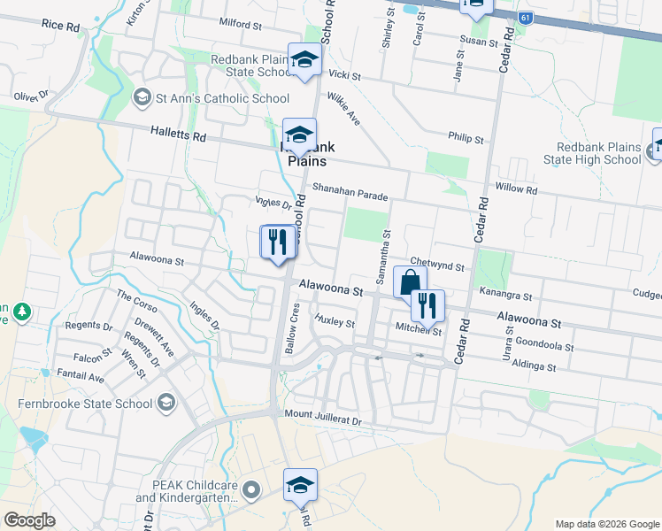 map of restaurants, bars, coffee shops, grocery stores, and more near 35 Lietzow Street in Redbank Plains