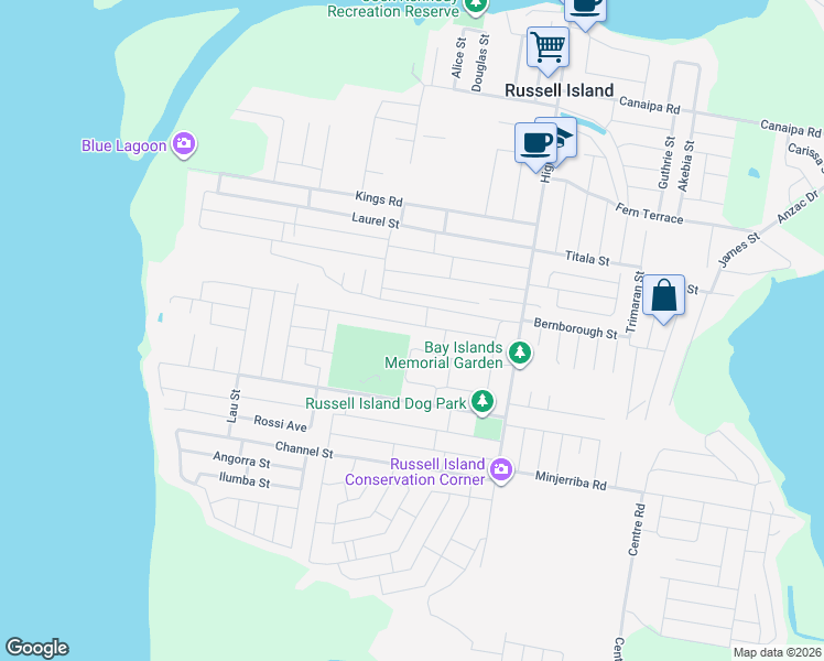 map of restaurants, bars, coffee shops, grocery stores, and more near 32 Fiji Street in Russell Island