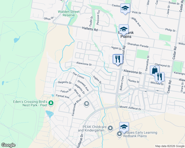 map of restaurants, bars, coffee shops, grocery stores, and more near 92 Ingles Drive in Redbank Plains