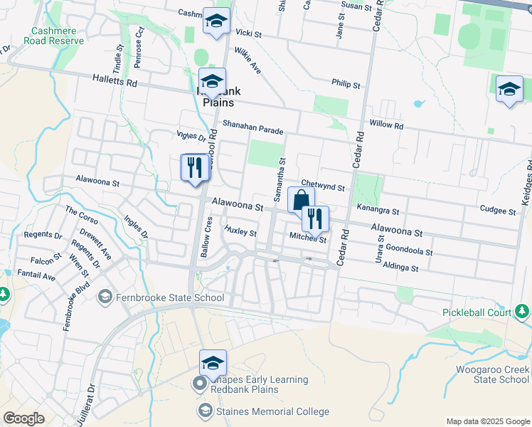 map of restaurants, bars, coffee shops, grocery stores, and more near 120 Alawoona Street in Redbank Plains