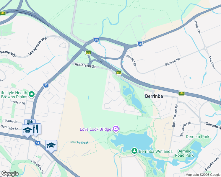 map of restaurants, bars, coffee shops, grocery stores, and more near 11 Tennessee Way in Berrinba