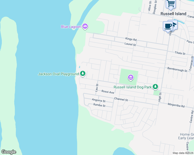 map of restaurants, bars, coffee shops, grocery stores, and more near 25 Lau Street in Russell Island