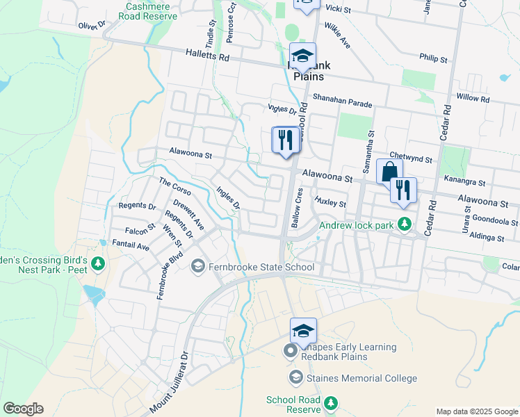 map of restaurants, bars, coffee shops, grocery stores, and more near 16 Wolski Way in Redbank Plains