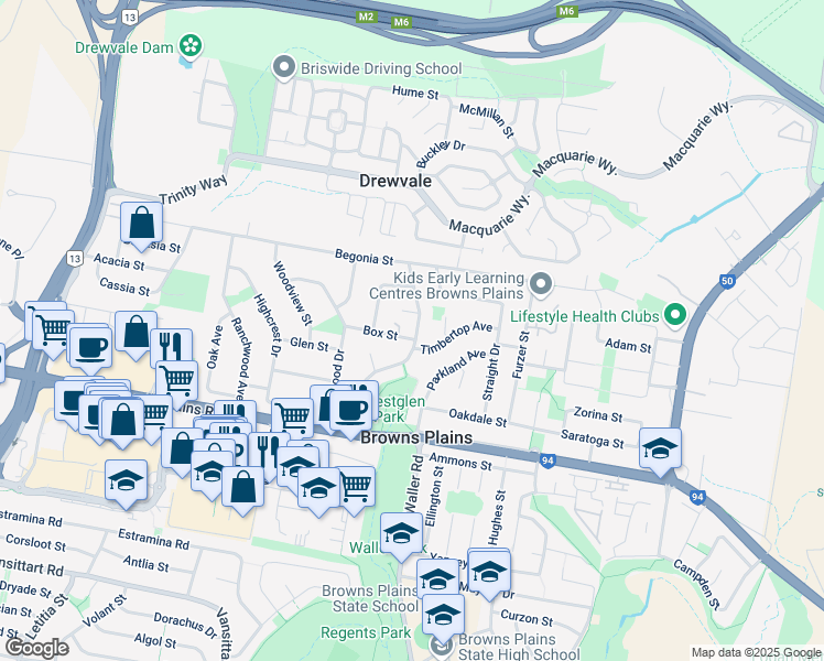 map of restaurants, bars, coffee shops, grocery stores, and more near 41 Forestglen Crescent in Browns Plains