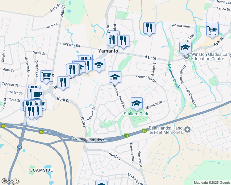 map of restaurants, bars, coffee shops, grocery stores, and more near 55 Deebing Creek Road in Yamanto