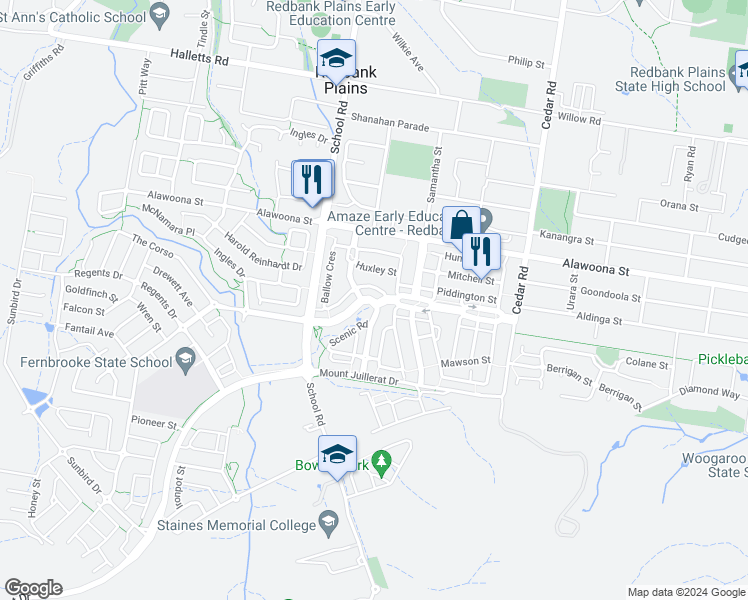 map of restaurants, bars, coffee shops, grocery stores, and more near Lamington Drive in Redbank Plains