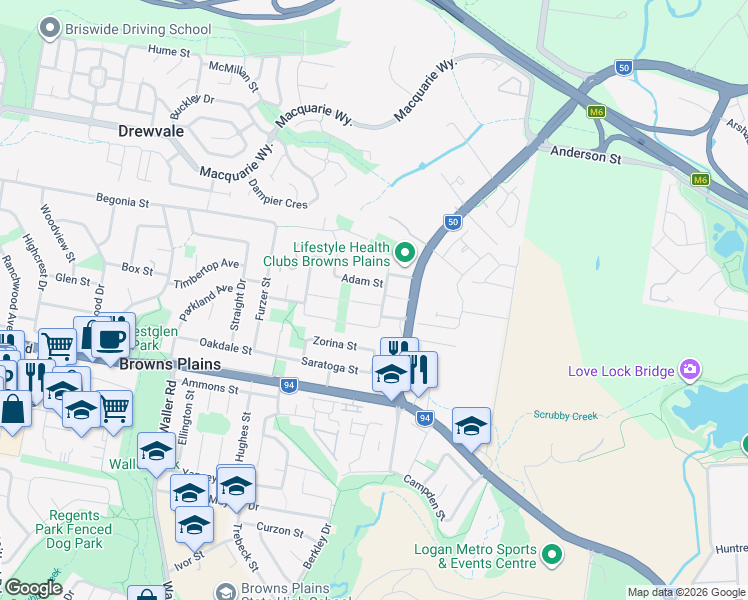 map of restaurants, bars, coffee shops, grocery stores, and more near 3 Neale Court in Browns Plains