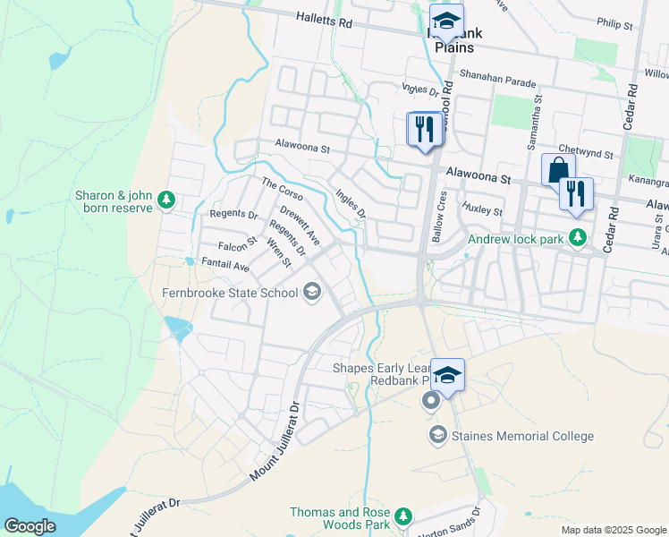 map of restaurants, bars, coffee shops, grocery stores, and more near Quail Court in Redbank Plains