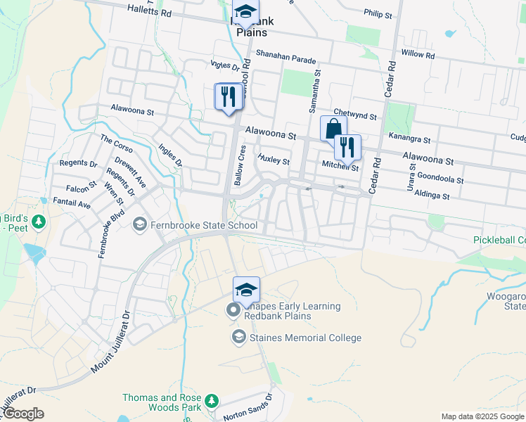 map of restaurants, bars, coffee shops, grocery stores, and more near 85 Lamington Drive in Redbank Plains