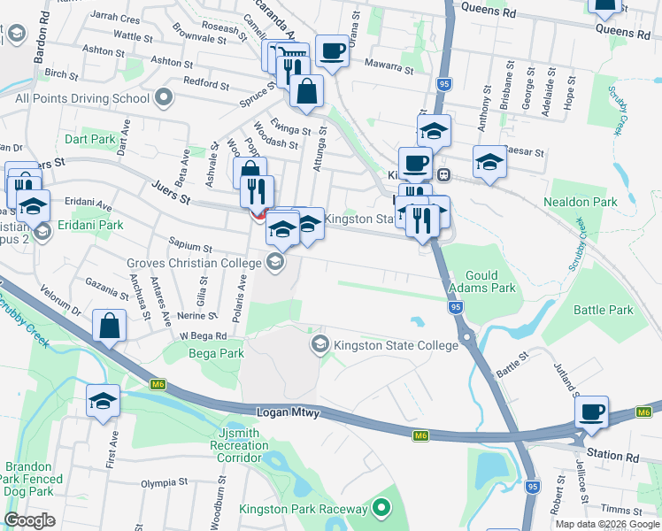 map of restaurants, bars, coffee shops, grocery stores, and more near 52 Laughlin Street in Kingston