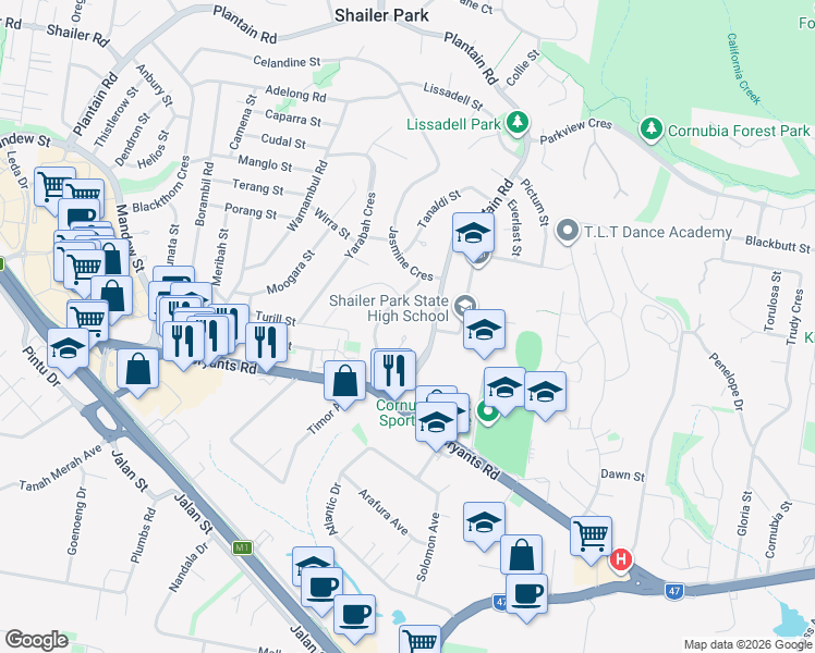 map of restaurants, bars, coffee shops, grocery stores, and more near 12 Maltaroo Court in Shailer Park