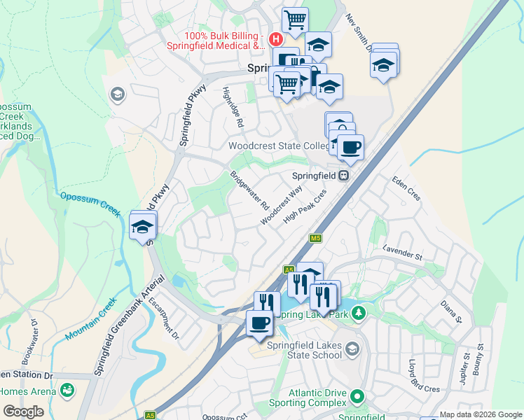 map of restaurants, bars, coffee shops, grocery stores, and more near 6 Bridgewater Road in Springfield