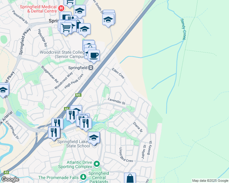map of restaurants, bars, coffee shops, grocery stores, and more near 16 Canterbury Bells Circuit in Springfield Lakes