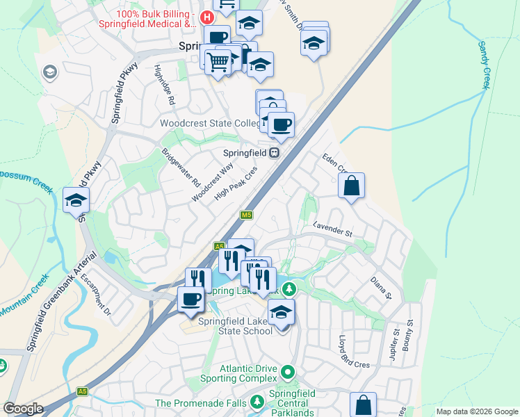 map of restaurants, bars, coffee shops, grocery stores, and more near 48 Berkshire Place in Springfield Lakes