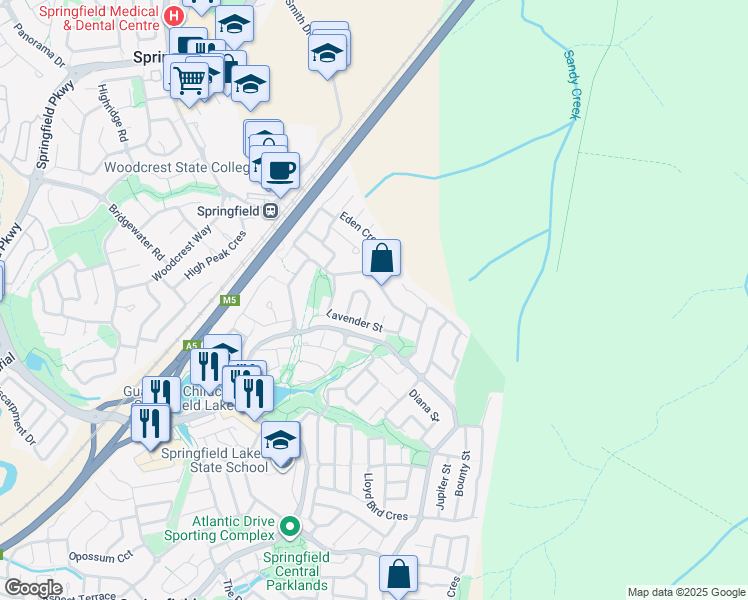 map of restaurants, bars, coffee shops, grocery stores, and more near 32 Canterbury Bells Circuit in Springfield Lakes