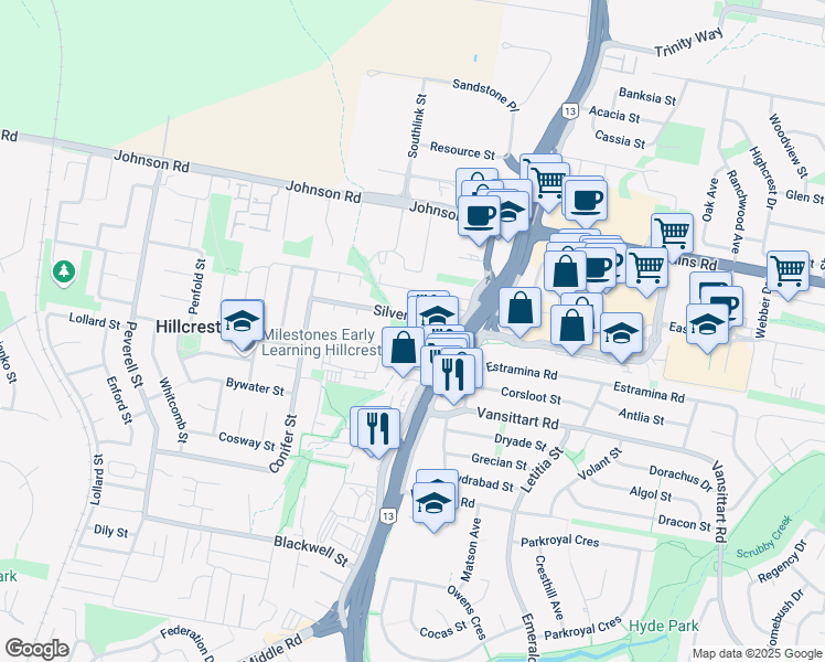 map of restaurants, bars, coffee shops, grocery stores, and more near in Hillcrest