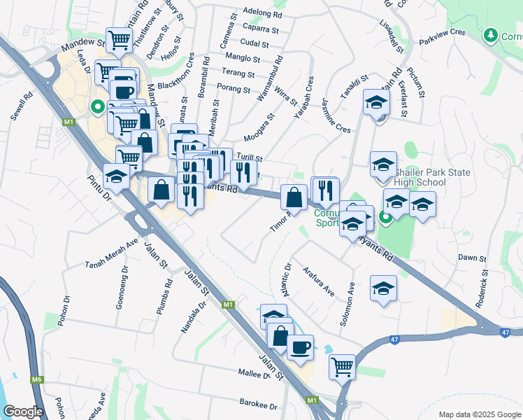 map of restaurants, bars, coffee shops, grocery stores, and more near 6 Timor Avenue in Loganholme