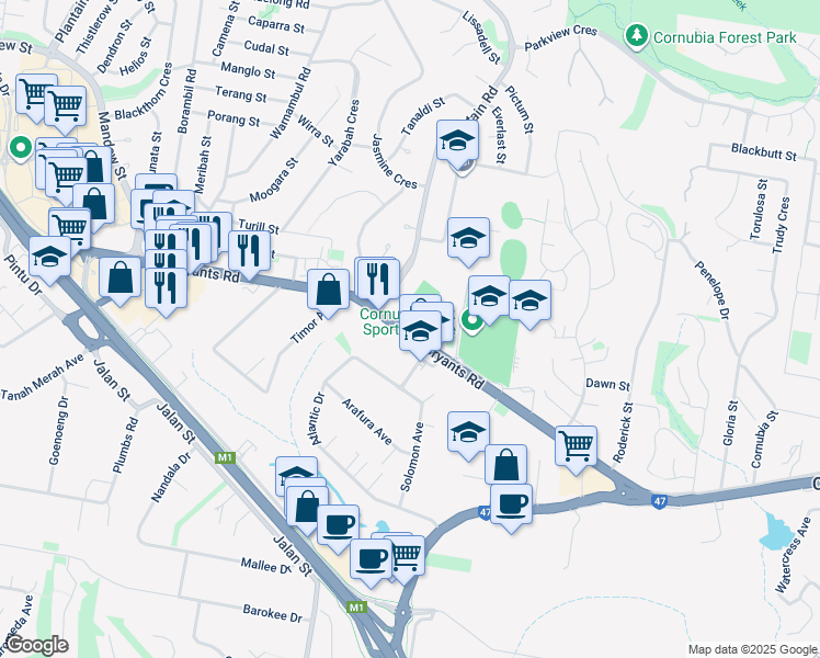 map of restaurants, bars, coffee shops, grocery stores, and more near 130 Bryants Road in Shailer Park