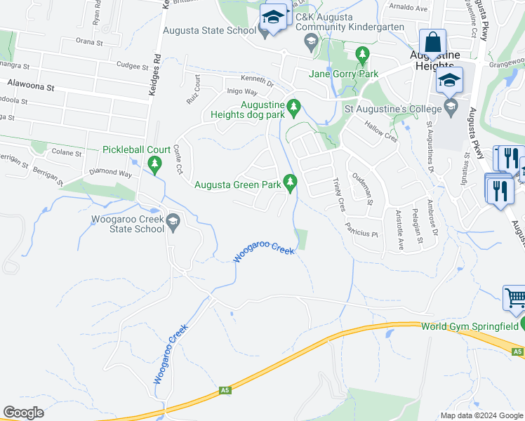 map of restaurants, bars, coffee shops, grocery stores, and more near 30 Oxenham Circuit in Augustine Heights