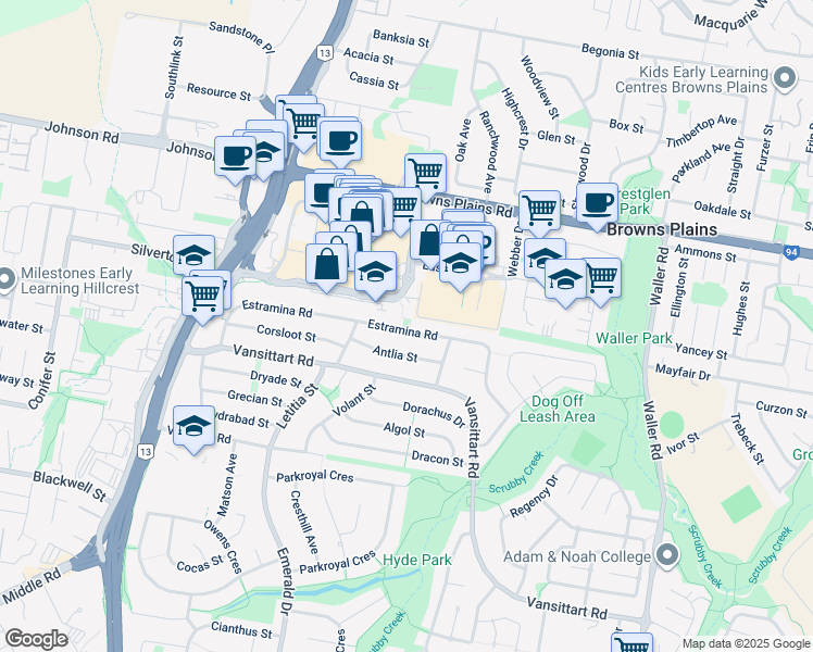 map of restaurants, bars, coffee shops, grocery stores, and more near 74 Estramina Road in Regents Park